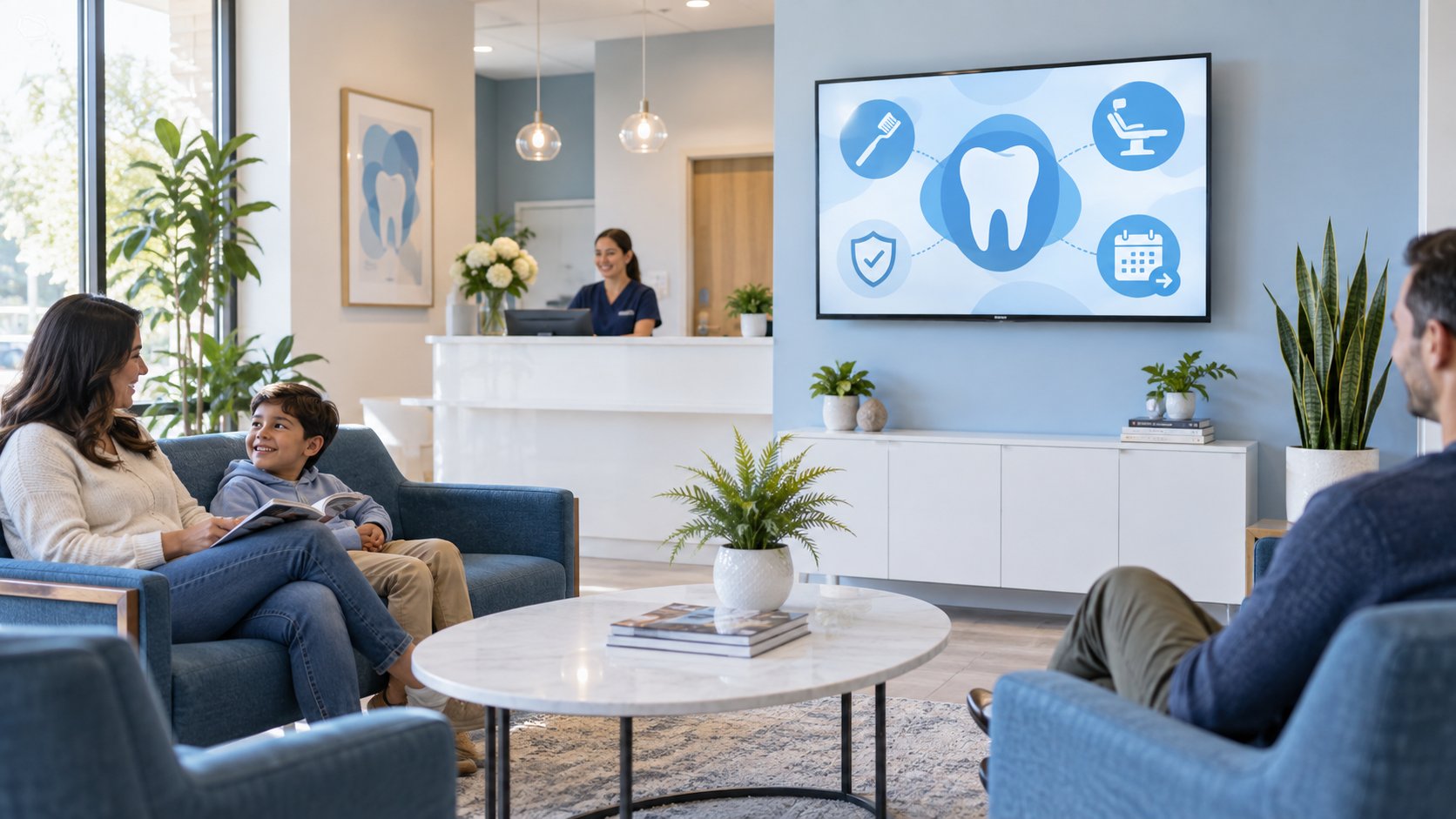 Dental waiting room TV showing clean patient education visuals