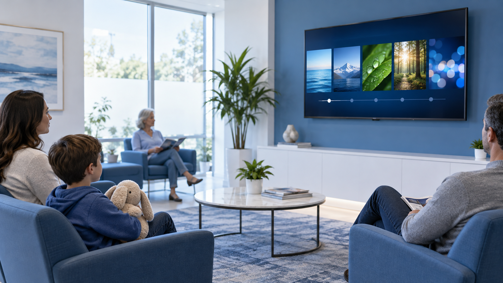 Waiting room TV showing a balanced playlist of useful content cards