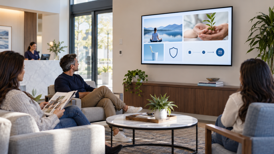 Customer-facing TV in a welcoming business lobby showing organized communication content