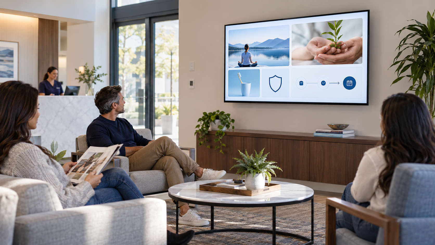 Customer-facing TV in a welcoming business lobby showing organized communication content