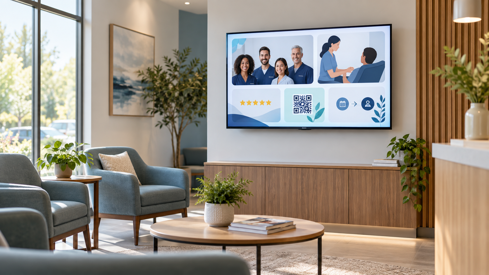 Waiting room TV ideas in a modern business lobby